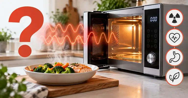Forno a microonde aperto con onde stilizzate e un piatto di verdure e salmone: il microonde fa male alla salute?