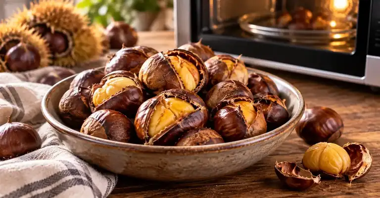 Castagne cotte al microonde in una ciotola di ceramica, alcune aperte con la polpa in vista