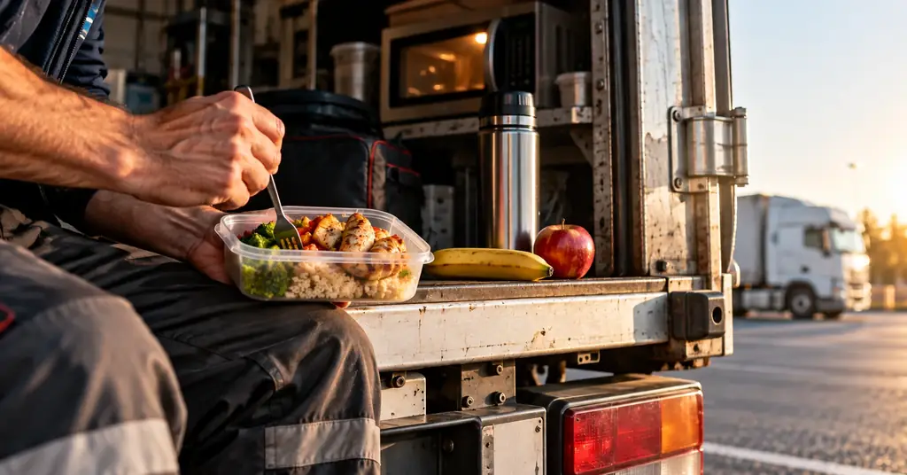 Autista seduto sulla sponda del camion mangia il pranzo scaldato, con un microonde a bordo e un TIR parcheggiato sullo sfondo